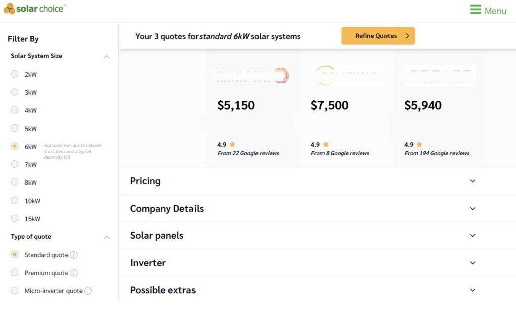 Captura de pantalla de comparación de cotizaciones de Solar Choice