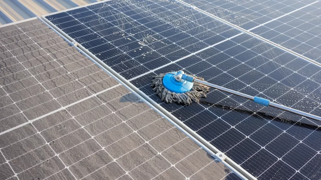 Solar panel being cleaned with brush