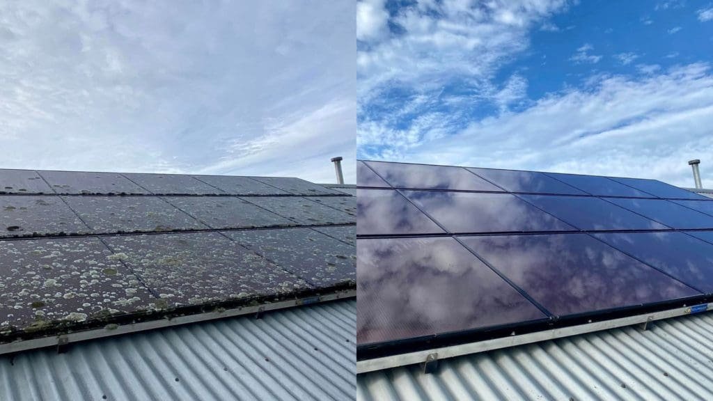 Paneles solares antes y después de la limpieza.