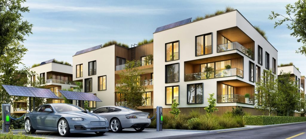 Strata apartment building with EV charging stations